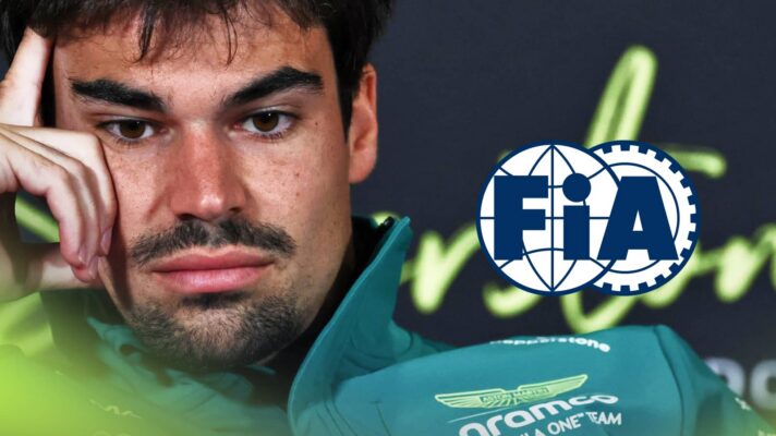 Lance Stroll rests his head on his hand in a press conference with a prominent FIA logo alongside him