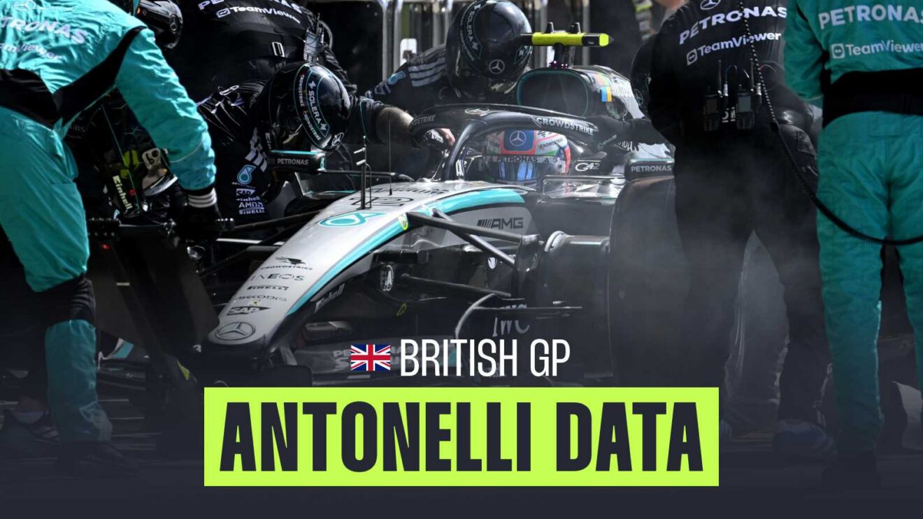 Kimi Antonelli smokes from his front-left as he pits at the British Grand Prix.
