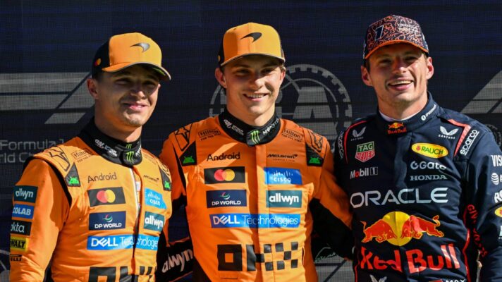 The two McLaren drivers, and Red Bull's Max Verstappen, pictured at the 2025 Dutch Grand Prix.