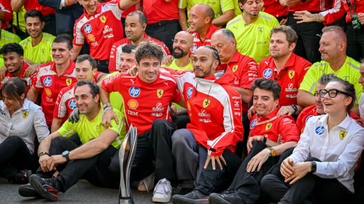 Charles Leclerc and Lewis Hamilton pose with Ferrari after double podium at Silverstone