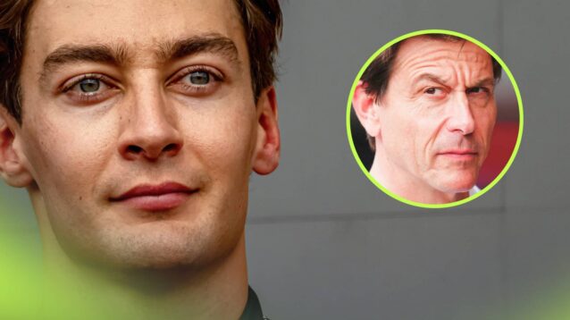 A close-up shot of George Russell looking into the distance with an inset of Toto Wolff