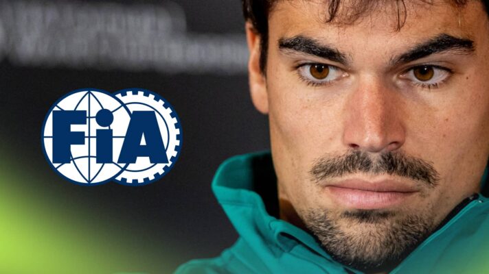 A close-up shot of Lance Stroll in a press conference with an FIA logo alongside him