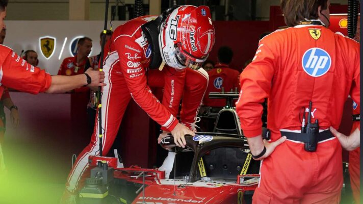 Charles Leclerc climbs into his SF-26 ahead of a Ferrari filming day.