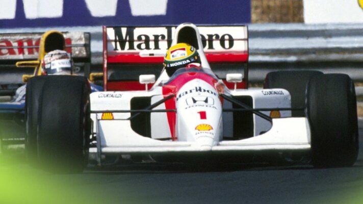 Ayrton Senna leads Nigel Mansell in the 1992 Hungarian Grand Prix.