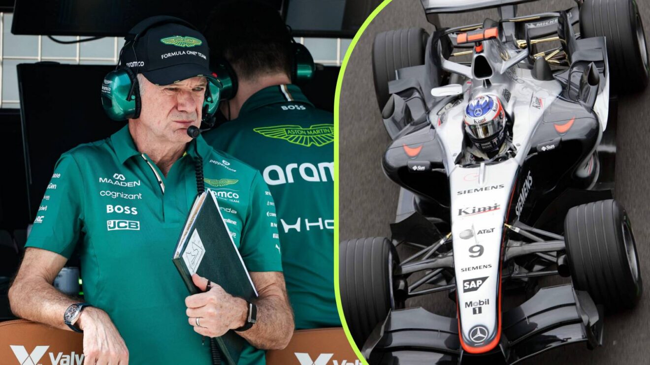 Adrian Newey pictured in 2026, and his McLaren MP4-20 from 2005.
