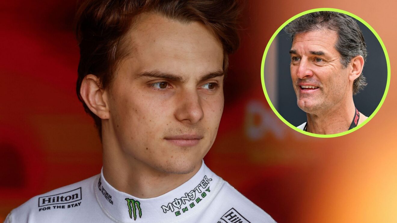 Oscar Piastri, McLaren, pictured at the 2026 British Grand Prix, as Mark Webber appears in a top right circle