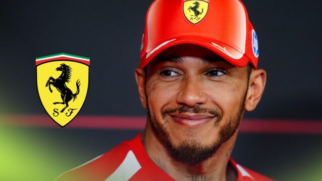 Lewis Hamilton, Ferrari, pictured at the 2026 Barcelona-Catalunya Grand Prix, as a Ferrari logo appears on the left