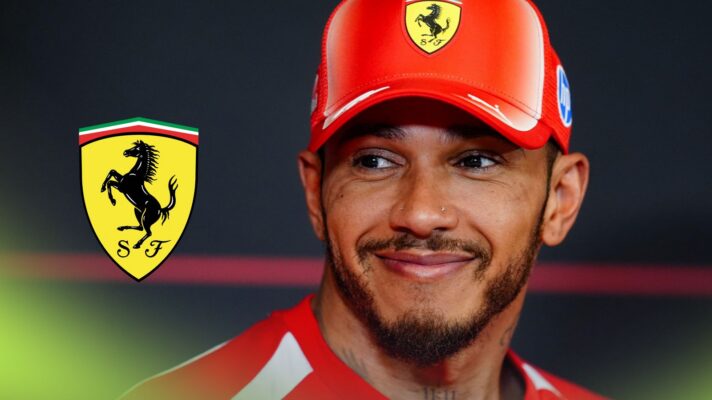 Lewis Hamilton, Ferrari, pictured at the 2026 Barcelona-Catalunya Grand Prix, as a Ferrari logo appears on the left