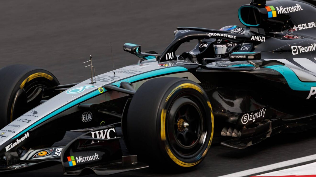 Mercedes' George Russell on track at the 2026 Japanese Grand Prix.