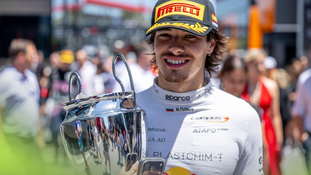 Red Bull junior Nikola Tsolov holds his Formula 2 trophy in Barcelona, 2026