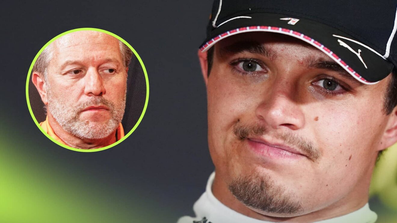 A close-up shot of Lando Norris in a press conference with an inset of Zak Brown