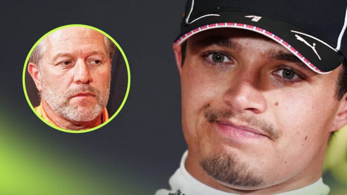 A close-up shot of Lando Norris in a press conference with an inset of Zak Brown