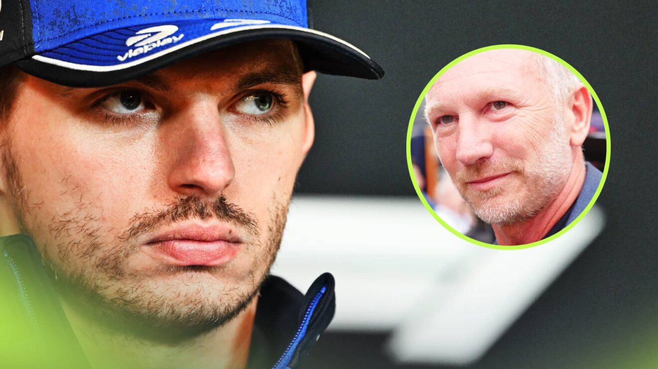 A close-up shot of Max Verstappen wearing a blue Red Bull cap in a press conference with an inset of Christian Horner