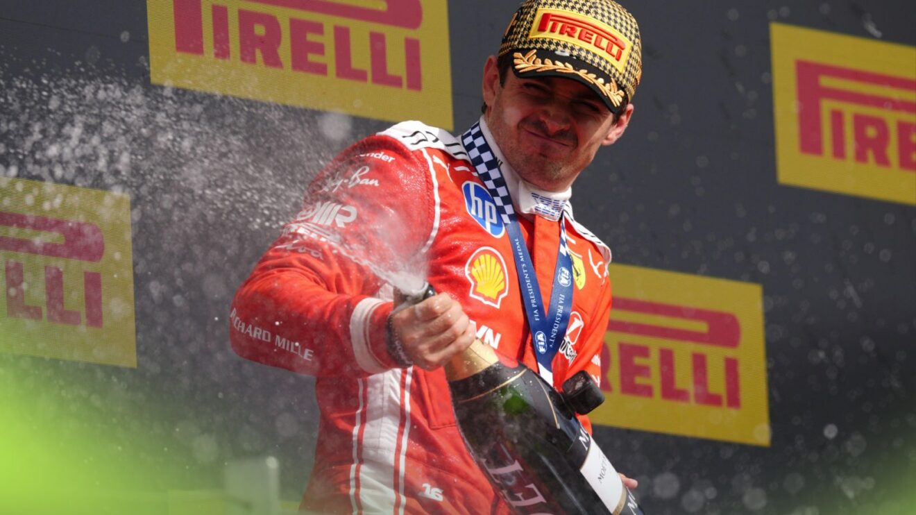 Charles Leclerc, Ferrari, celebrates winning the 2026 British Grand Prix