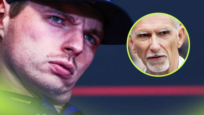 A close-up shot of Max Verstappen with his head slanted in a press conference with an inset of Damon Hill