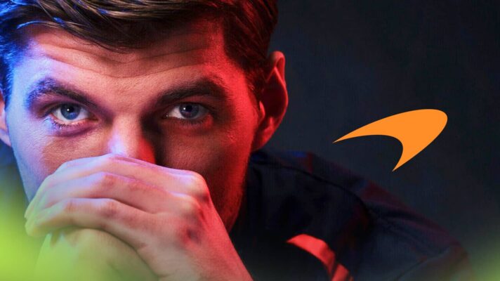 A close-up shot of Max Verstappen with his hands covering his mouth and an orange McLaren logo alongside him