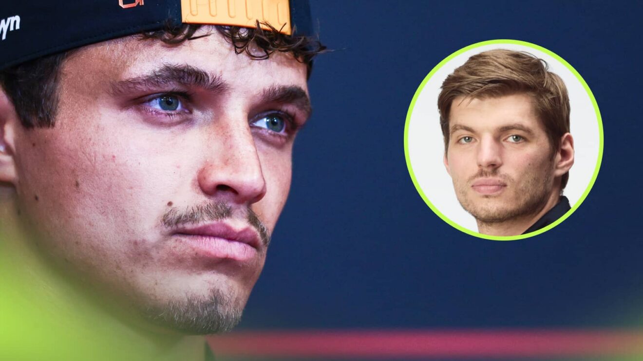A close-up shot of Lando Norris in a press conference with an inset of Max Verstappen