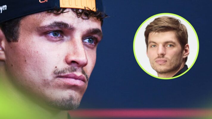 A close-up shot of Lando Norris in a press conference with an inset of Max Verstappen