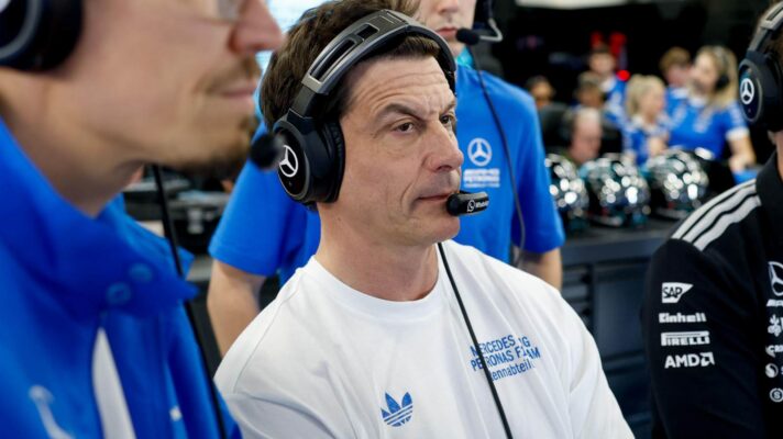Mercedes team principal and CEO, Toto Wolff, watches the race in the Mercedes garage at the British Grand Prix.