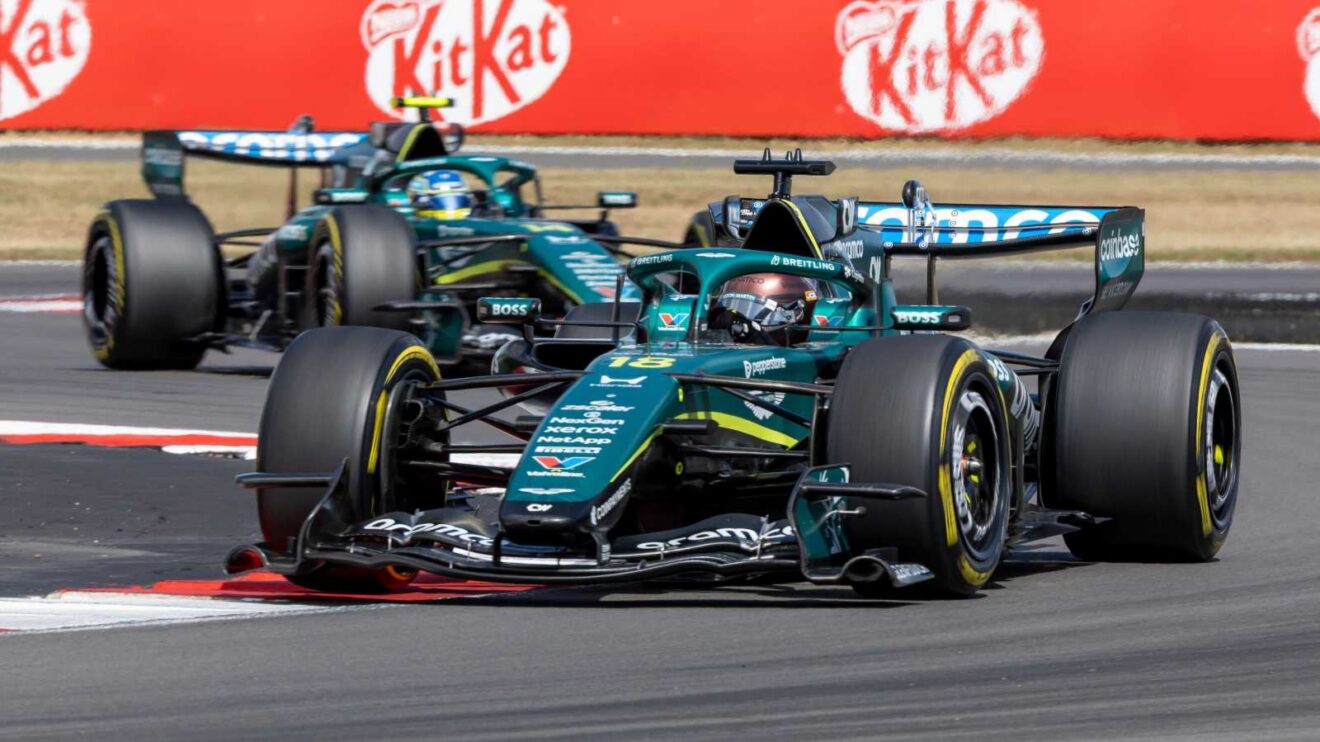 Honda powered Aston Martin drivers Fernando Alonso and Lance Stroll at Silverstone.