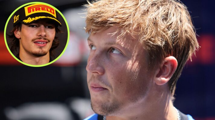 Liam Lawson, Racing Bulls, pictured at the 2026 Austrian Grand Prix, looks up to where Nikola Tsolov appears in a top left circle