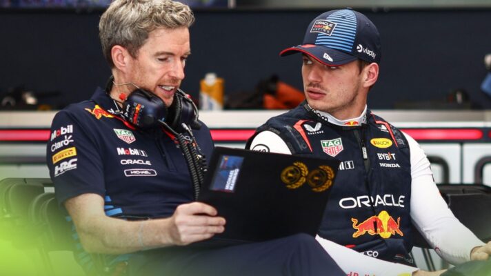 Max Verstappen speaking with then Red Bull control engineer Michael Manning at the 2024 Sao Paulo Grand Prix