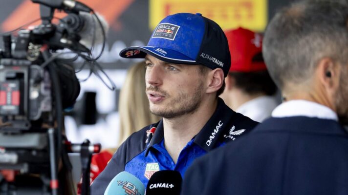Max Verstappen in the media pen at Silverstone.