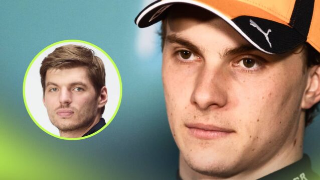 A close-up shot of Oscar Piastri with an inset of Max Verstappen alongside him