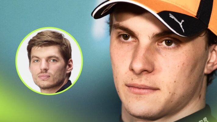 A close-up shot of Oscar Piastri with an inset of Max Verstappen alongside him