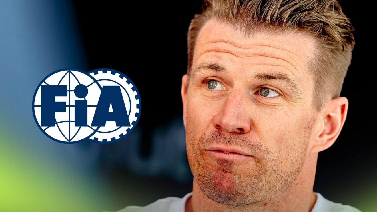 Nico Hulkenberg, Audi, pictured at the 2026 Belgian Grand Prix, as an FIA logo appears on the left