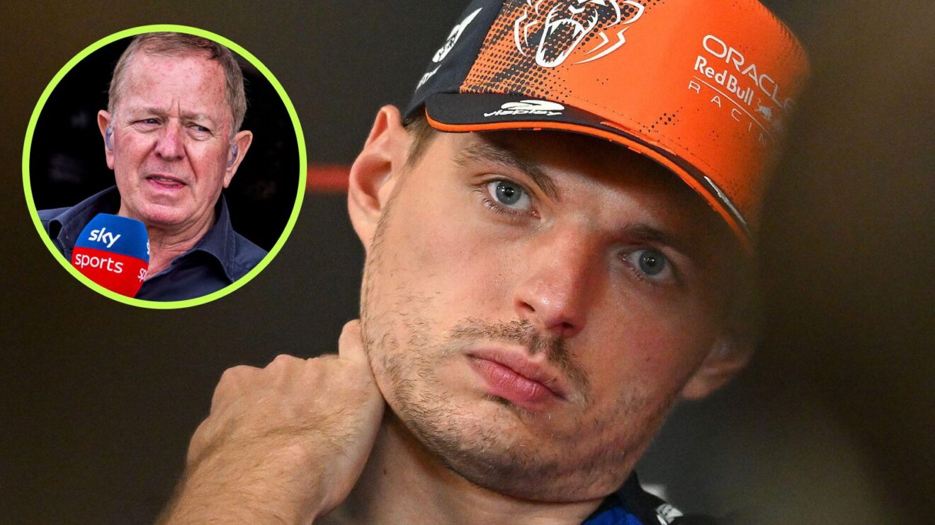 Max Verstappen, Red Bull, pictured in a 2026 Belgian Grand Prix press conference, as Martin Brundle appears in a top left circle