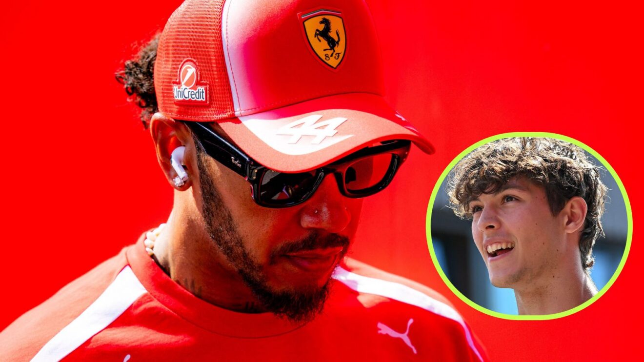 Lewis Hamilton, Ferrari, pictured at the 2026 Belgian Grand Prix as Oliver Bearman, Haas, appears in a bottom right circle