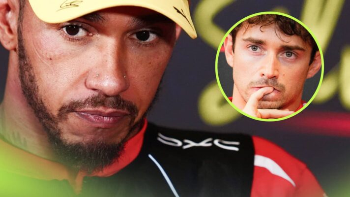 A close-up shot of Lewis Hamilton in a press conference with an inset of Charles Leclerc biting his nails