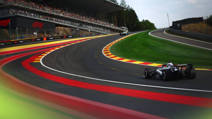 Sergio Perez's Cadillac goes up the hill at Eau Rouge