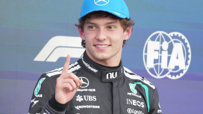 Kimi Antonelli with his finger raised in celebration