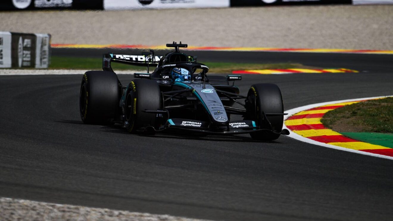 Mercedes' George Russell on track at the 2026 Belgian Grand Prix.