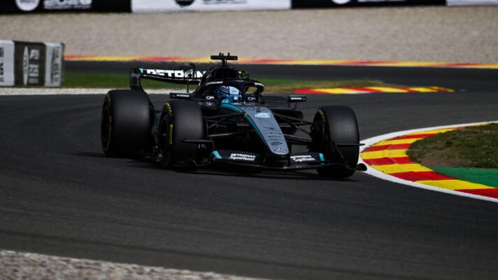 Mercedes' George Russell on track at the 2026 Belgian Grand Prix.