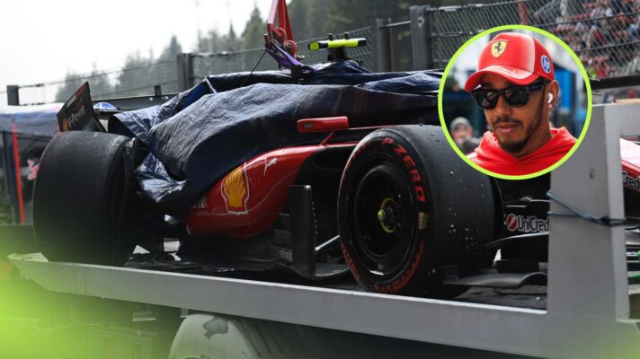 Lewis Hamilton Ferrari on the back of a low-loader in the Belgian GP pit lane.