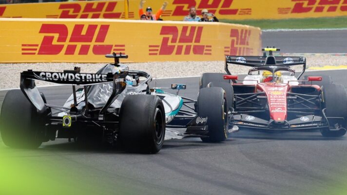 Lewis Hamilton, Ferrari and George Russell, Mercedes, collide at the Belgian Grand Prix