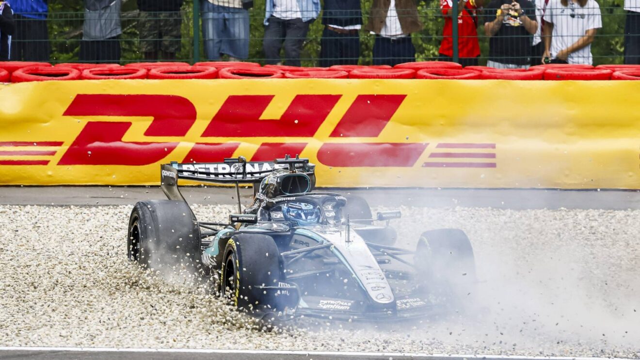 George Russell, Mercedes in the gravel at the 2026 Belgian Grand Prix