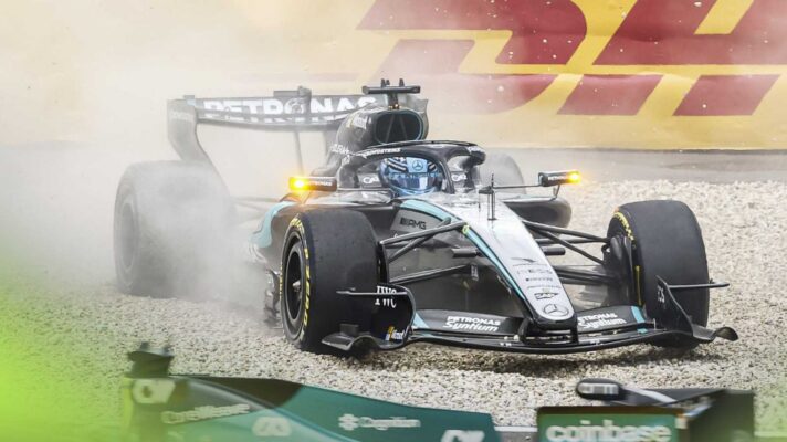George Russell beached in the gravel at the Belgian Grand Prix.