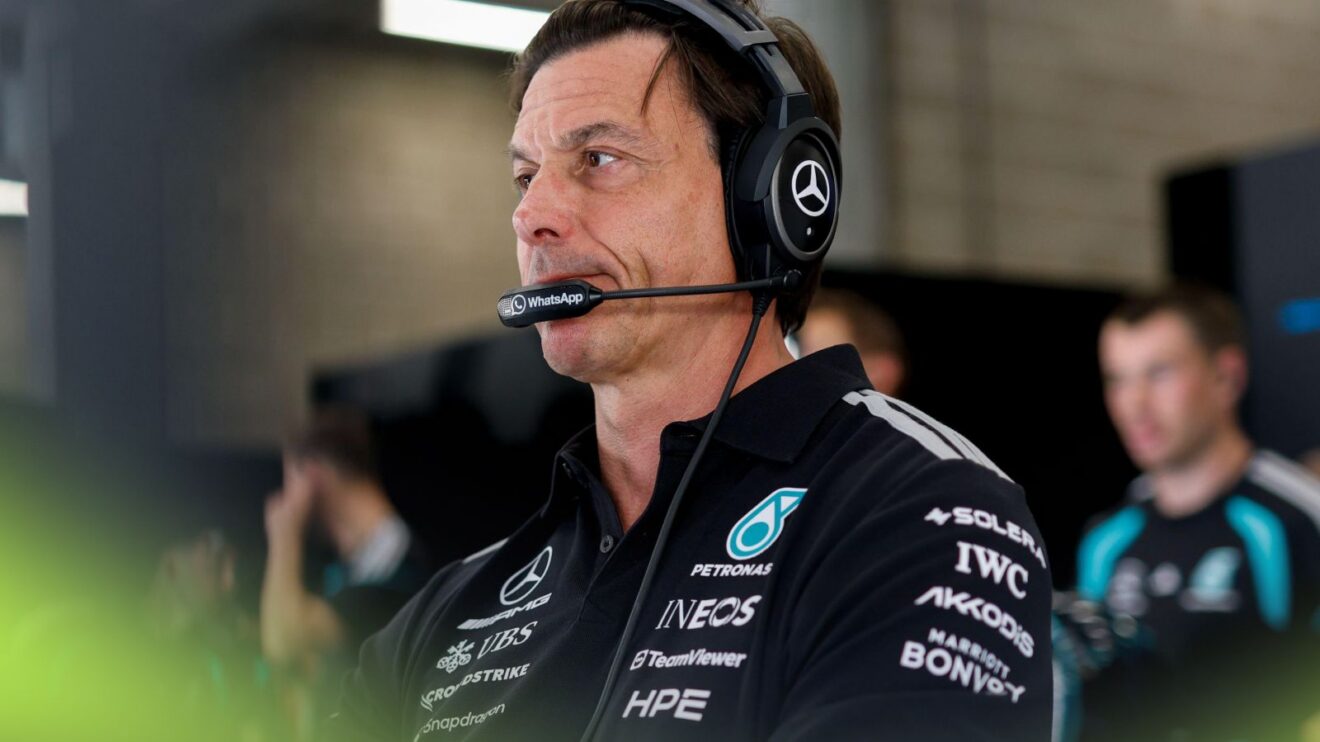 Toto Wolff pictured in the Mercedes garage at the 2026 Belgian Grand Prix