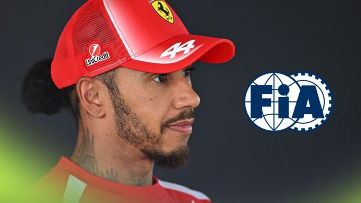 Lewis Hamilton, Ferrari, pictured at the 2026 Belgian Grand Prix, as an FIA logo appears on the right