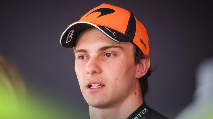 McLaren driver Oscar Piastri speaks in the Belgian GP media pen.