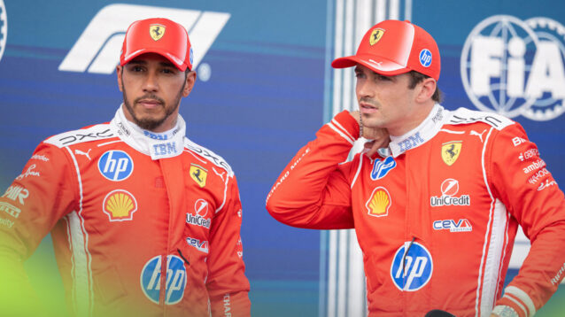 Lewis Hamilton and Charles Leclerc in their Ferrari overalls.
