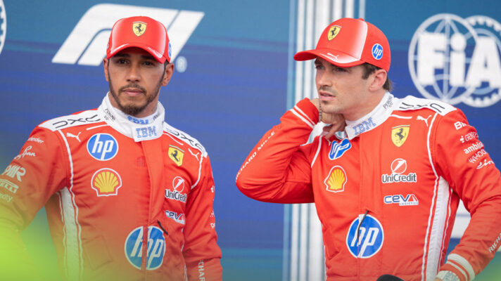 Lewis Hamilton and Charles Leclerc in their Ferrari overalls.