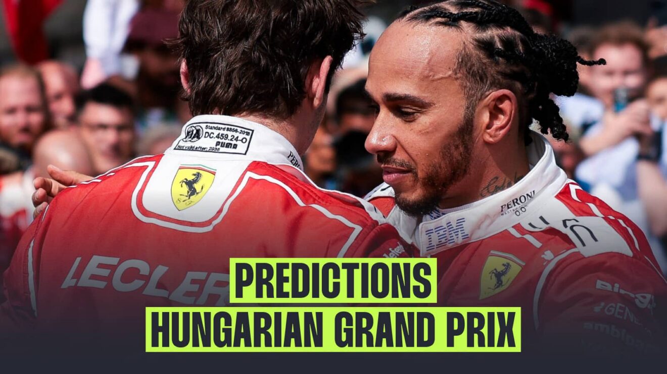Lewis Hamilton embraces Charles Leclerc with a banner positioned centre-bottom reading: Predictions: Hungarian Grand Prix'
