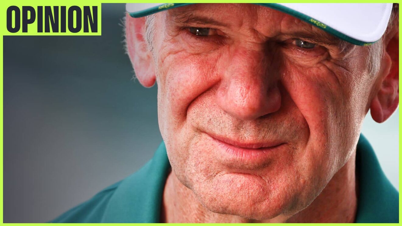 A close-up shot of Adrian Newey with an 'opinion' tab in the top-left corner
