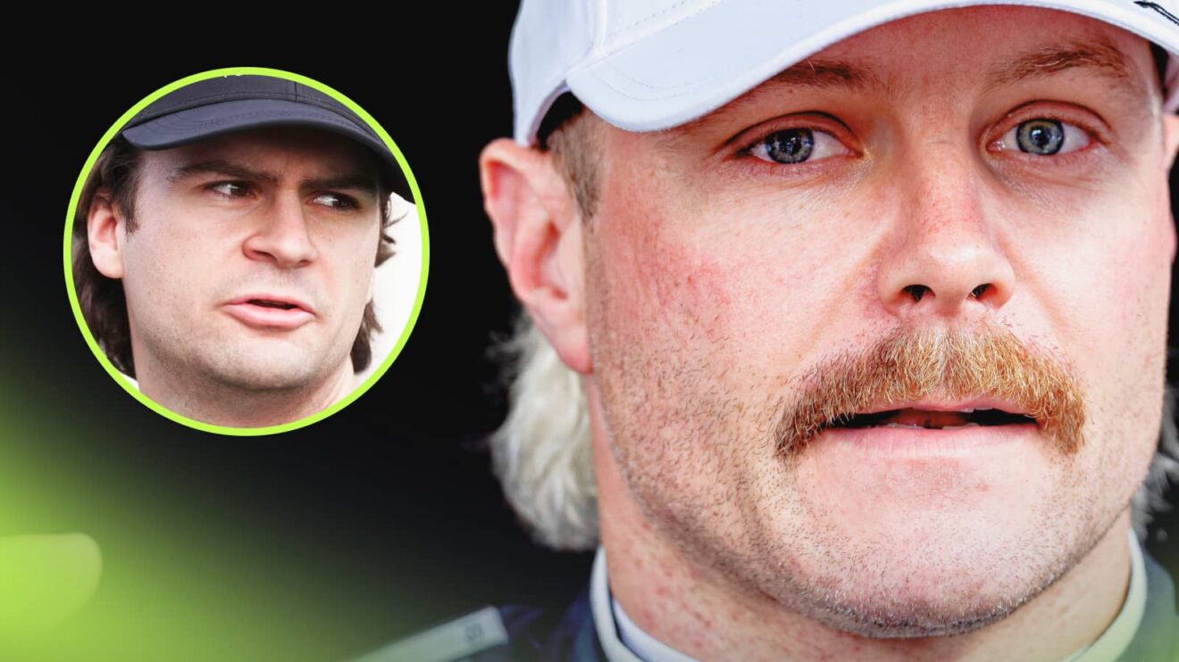 A close-up shot of Valtteri Bottas with an inset of Colton Herta