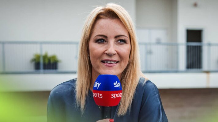 Rachel Brookes holding a Sky Sports microphone in the paddock in Austin
